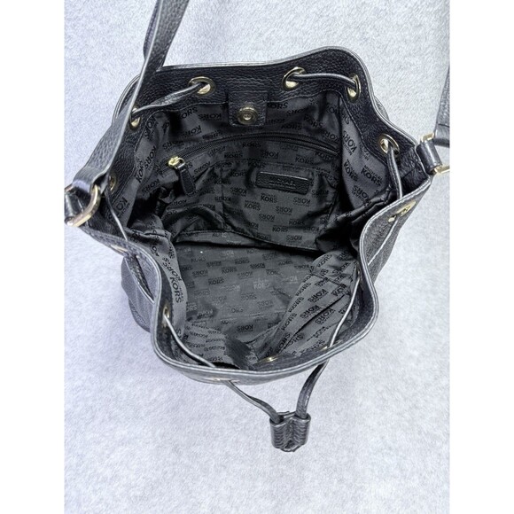 MICHAEL KORS Womens Black Leather Purse Drawstring Bucket Hobo Bag Gold Hardware - Picture 7 of 13